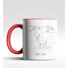 Hediye Zengini Kişiye Özel Mutlu Yıllar Geyik Tasarımlı Kırmızı Kupa