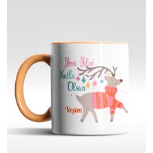 Hediye Zengini Kişiye Özel Yeni Yılın Kutlu Olsun Geyik Tasarımlı Turuncu Kupa