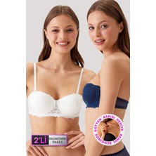 Pierre Cardin 2'li Ekonomik Paket Ekru - Lacivert 6203-2 Balenli Destekli Straplez Dantelli Sütyen Set
