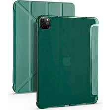 Case 4U Apple iPad Pro 12.9 2022 M2 Kalem Bölmeli Tri Folding Smart Standlı Pu Deri Arkası Yumuşak Silikon 360 Tam Koruma Koyu Yeşil