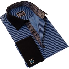 Exve Exclusive Lacivert ve Mavi Çizgili Göğüs ve Yaka Detaylı Fransız Duble Manşet Kol Düğmeli Kutulu Gömlek