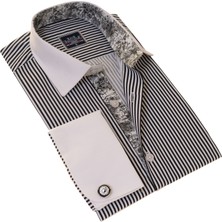 Exve Exclusive Siyah Beyaz Çizgili Göğüs ve Yaka Detaylı Fransız Duble Manşet Kol Düğmeli Kutulu Gömlek