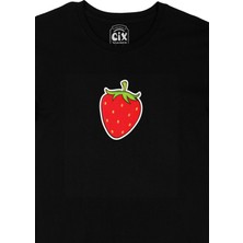 Cix Çilekli Tasarım Siyah Tişört