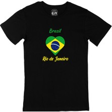 Cix Rio De Janerio Brezilya Bayraklı Kalpli Siyah Tişört