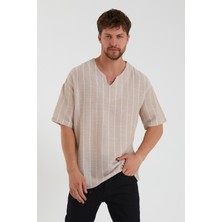 Terapi Men Erkek Bej Açık V Yaka Oversize Kısa Kollu Çizgili Gömlek 22Y-4300634-1