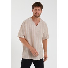 Terapi Men Erkek Bej Açık V Yaka Oversize Kısa Kollu Çizgili Gömlek 22Y-4300634-1