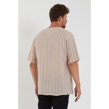 Terapi Men Erkek Bej Açık V Yaka Oversize Kısa Kollu Çizgili Gömlek 22Y-4300634-1