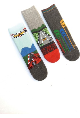 Mem Socks 3 'lü Araba Desenli Kaydırmaz Çocuk Havlu Çorap
