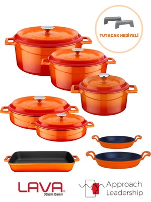 Lava Döküm Sekizli Tencere Tava Seti Trendy  Silikon Tutacak Hediyeli