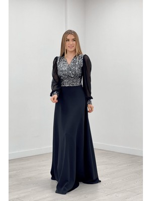 giyimmasalı Payet Kumaş Kolları Tül Abiye Elbise - Gümüş
