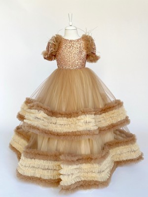 Zühre Balaban Cute Cream Gold Rengi Kız Çocuk Abiye, Özel Gün, Yılbaşı, Nedime, Uzun Abiye Elbise, Girl Dress Toddler Dress