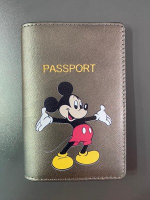 Seyahat Aksesuar Mickey Mouse Tasarım Gri Deri Pasaport Kılıfı