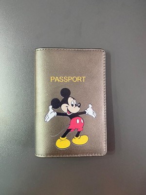 Seyahat Aksesuar Mickey Mouse Tasarım Gri Deri Pasaport Kılıfı