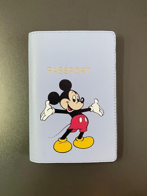 Seyahat Aksesuar Mickey Mouse Tasarım Mavi Deri Pasaport Kılıfı