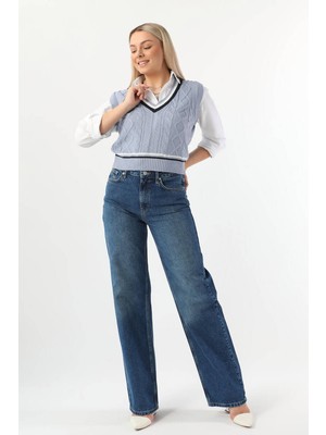 Blue White Kadın Yüksek Bel Bol Kesim Geniş Paça Jean Pantolon Mavi