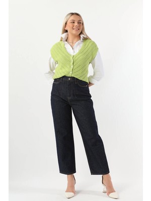 Blue White Kadın Yüksek Bel Rins Regular Fit Jean Pantolon Koyu Lacivert