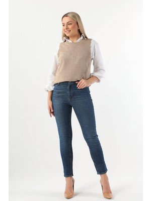 Blue White Kadın Yüksek Bel Çift Düğmeli Straight Fit Jean Pantolon Mavi