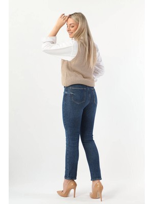 Blue White Kadın Yüksek Bel Çift Düğmeli Straight Fit Jean Pantolon Mavi