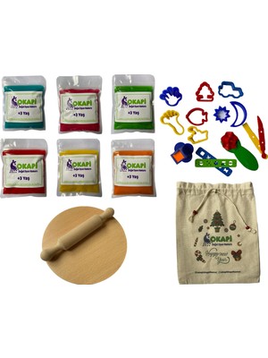 Okapi Doğal Oyun Hamuru Eğitici Oyuncak ve Başlangıç Seti Paket 6X125 Gram Çanta, Ahşap Masa ve Merdaneli
