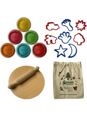 Okapi Doğal Oyun Hamuru Eğitici Oyuncak ve Başlangıç Seti 6X125 Gram Bez Çanta, Ahşap Masa ve Merdaneli