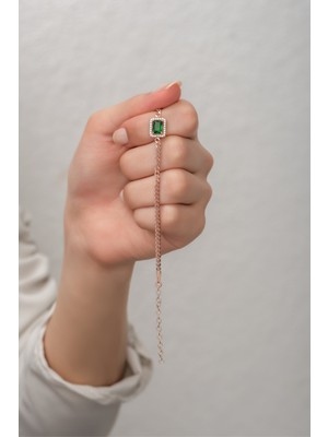 Nereze 925 Ayar Gümüş Rose Gurmet Zincir Yeşil Tektaş Bileklik