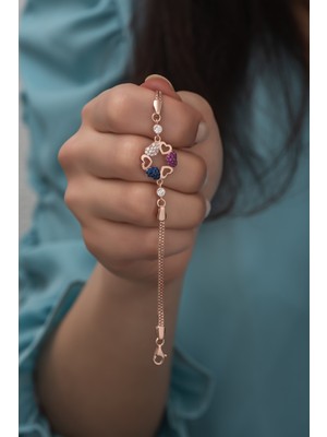 Nereze 925 Ayar Gümüş Rose Renkli Kalpli Daire Model Bileklik