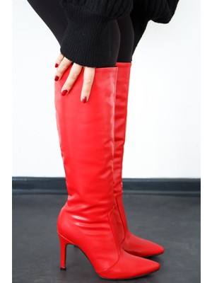 Shoetek Liliana Kadın Çizme Ince Topuklu Kırmızı Deri