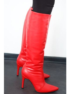 Shoetek Liliana Kadın Çizme Ince Topuklu Kırmızı Deri