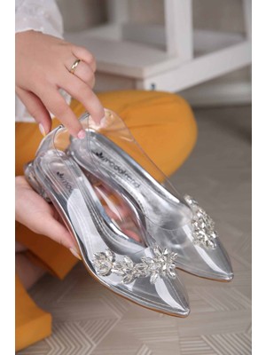 Ccway Kadın Taşlı Kısa Topuklu Şeffaf Ayakkabı Gümüş Rugan