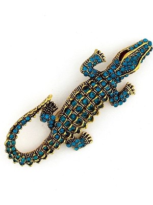 Solfera Mavi Timsah Crocodile Zirkon Taşlı Büyük Boy Rozet Broş Pin RZ087