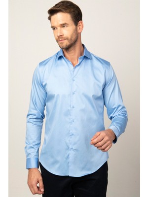 Tudors Erkek Slim Fit Dar Kesim %100 Pamuk Koton Saten Premium Seri Mavi Gömlek