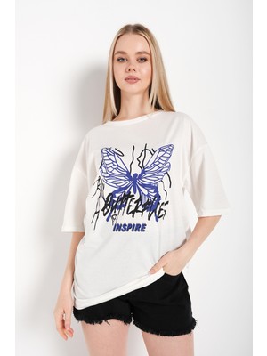 Trendseninle Kadın Butterflies Inspire Baskılı T-Shirt