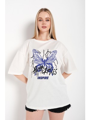 Trendseninle Kadın Butterflies Inspire Baskılı T-Shirt