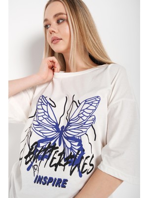 Trendseninle Kadın Butterflies Inspire Baskılı T-Shirt