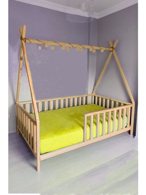 CND Home Çatılı Unisex Montessori Bebek ve Çocuk Karyolası Doğal Ahşap Yatak