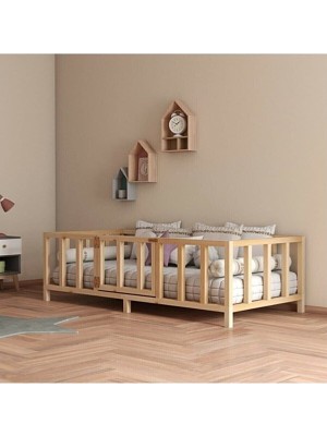 CND Home Kapılı Unisex Montessori Bebek ve Çocuk Karyolası Doğal Ahşap Yatak