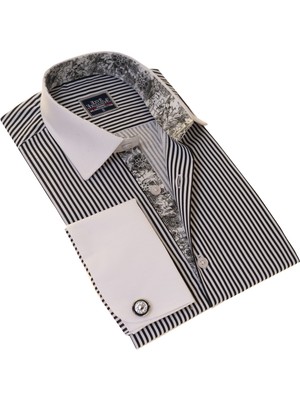 Exve Exclusive Siyah Beyaz Çizgili Göğüs ve Yaka Detaylı Fransız Duble Manşet Kol Düğmeli Kutulu Gömlek