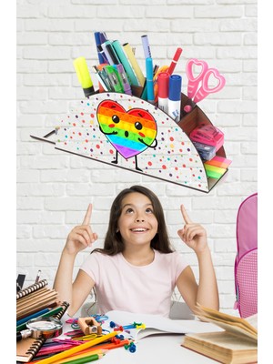 Notpa Ahşap Kalpli Popit Gökkuşağı Cetvelli Masaüstü Kalemlik Kutu Çocuklar Için Organizer NOTPAGK108