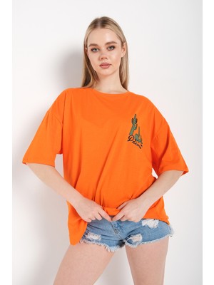 Trendseninle Kadın Oversize Kaktüs Baskılı T-Shirt Tişört