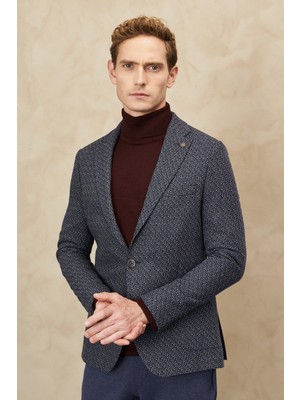 ALTINYILDIZ CLASSICS Erkek Lacivert-bej Slim Fit Dar Kesim Mono Yaka Desenli Yünlü Ceket