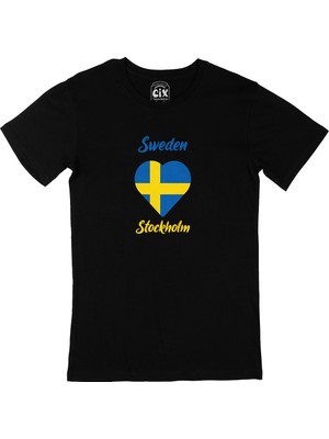 Cix Stockholm Isveç Bayraklı Kalpli Siyah Tişört