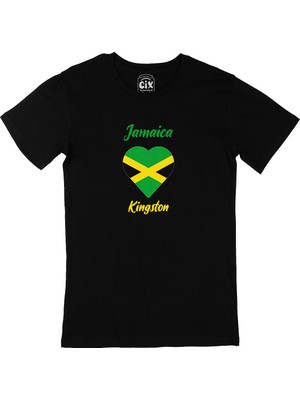 Cix Kingston Jamaika Bayraklı Kalpli Siyah Tişört