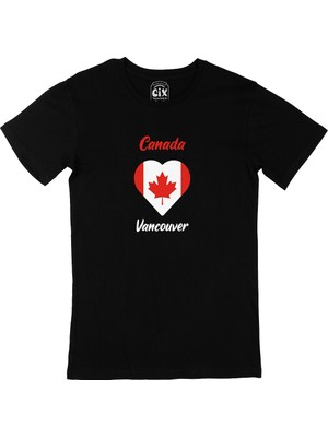 Cix Vancouver Canada Bayraklı Kalpli Siyah Tişört