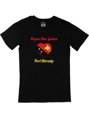 Cix Port Moresby Papua Yeni Gine  Bayraklı Kalpli Siyah Tişört