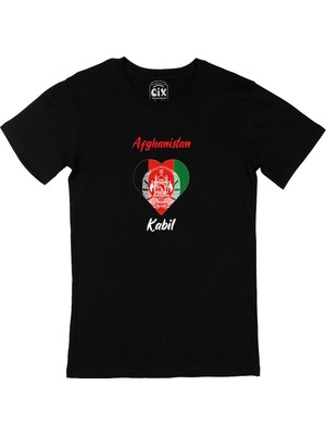 Cix Kabil Afganistan Bayraklı Kalpli Siyah Tişört
