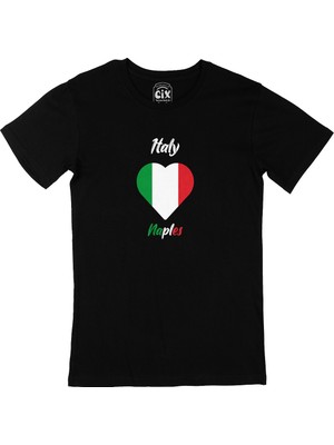 Cix Napoli Italya Bayraklı Kalpli Siyah Tişört