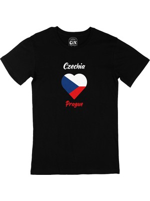 Cix Prag Çekya Bayraklı Kalpli Siyah Tişört