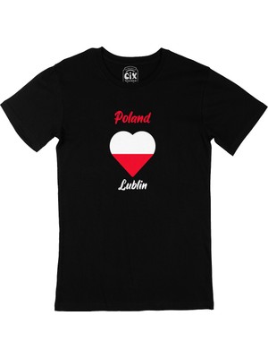 Cix Lublin Polonya Bayraklı Kalpli Siyah Tişört