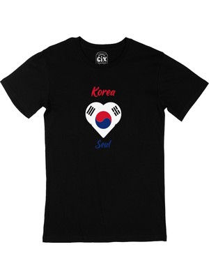 Cix Seul Kore Bayraklı Kalpli Siyah Tişört
