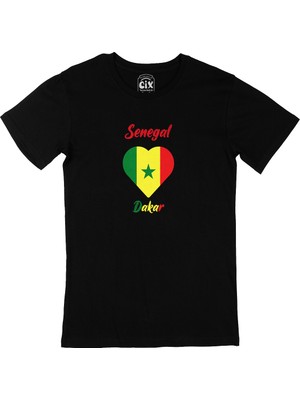 Cix Dakar Senegal Bayraklı Kalpli Siyah Tişört